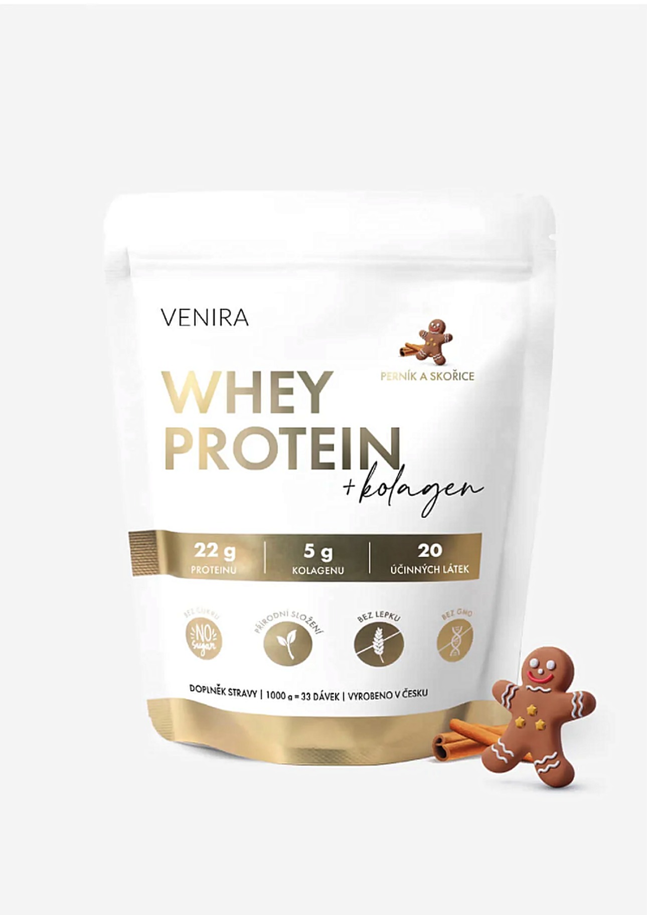 Původní obal Venira: bílý sáček se zlatým nápisem Whey Protein